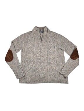 Johnston & Murphy Mens Beige Cable Knit Elbow Patch LambsWool Blend 1/4 Zip Sz M